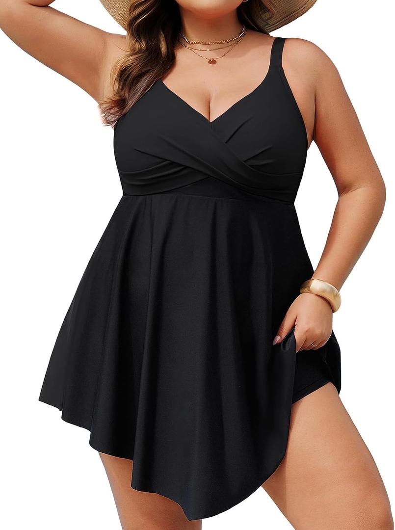 Hanna Nikole Women Plus Size One Piece Swim Dress Tummy Control Swimsuits Twist Front Bathing Suit Body Shaping Swimwear (Black, L)