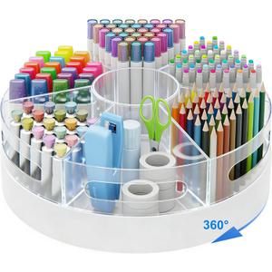 Rotating Pen Organizer for Desk, White Base & Acrylic Pen Holder, 360 Smooth Spinning Desk Organizer with 7 Removable Compartments for Office, Home, Classroom, Marker Organizer