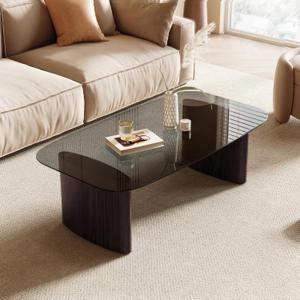 Modern Glass Coffee Table, Coffee Table for Living Room,Tempered Glass-top with Sturdy Wooden Base, Modern Coffee Tables for Small Space, Apartment, Office, Minimalist Design (Walnut)