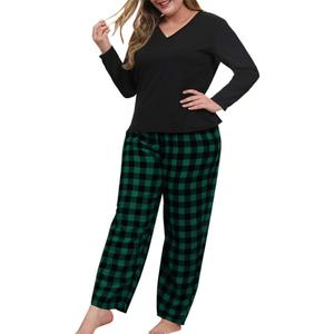 Women Plus Size Pajamas Set Plaid Lounge Pants V-Neck Short Sleeve Cotton T Shirt 2 Piece Sleepwear (XX-Large, Green)