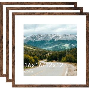 Wood 16x16 Picture Frame with 12x12 Mat Deep Brown, Display 12x12 with Mat or 16x16 without Mat, Wood 16 by 16 Photo Frame, 16 x 16 Frame for Wall Hanging Display, Deep Brown, 3 Pack