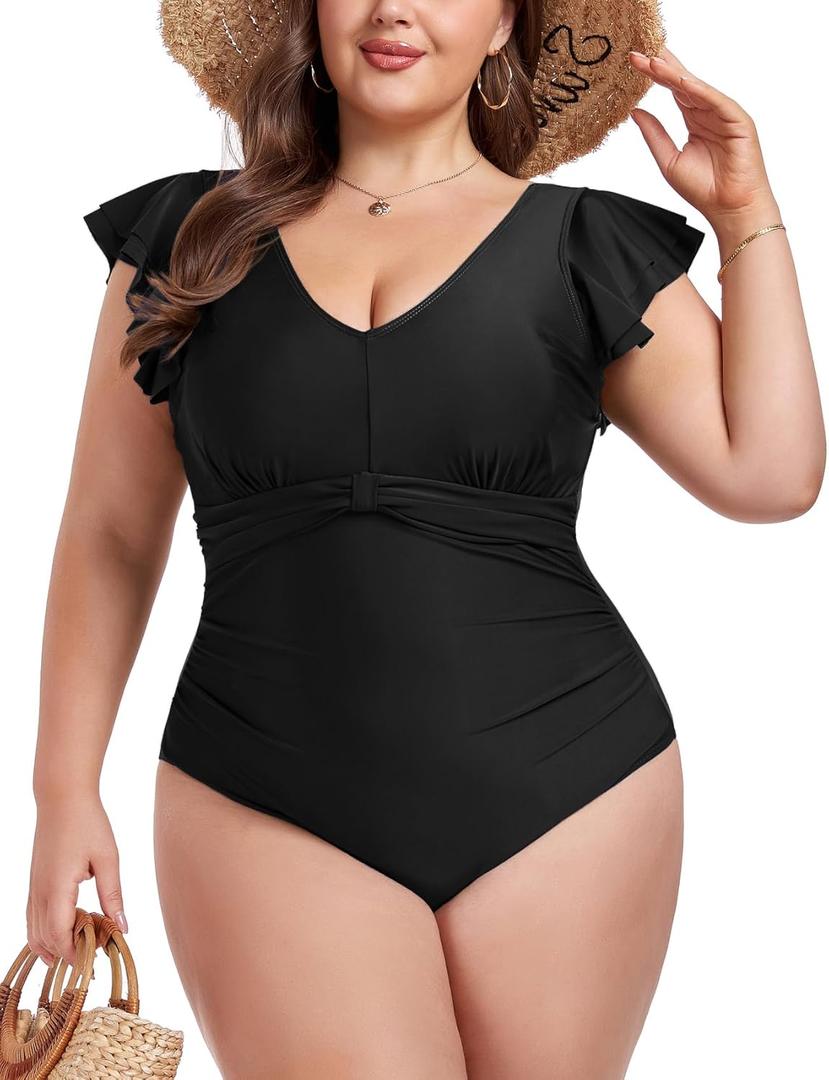 ZOMVA Plus Size Womens Swimsuit One Piece Tummy Control Bathing Suit Ruffle Sleeve Full Coverage Swimwear (3X-Large Plus, Black)