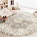 MUJOO Beige Round Rug 9ft,Large Circle Washable Area Rugs for Bedroom Living Room Bathroom,Boho Non Slip Circular Carpet,Floral
