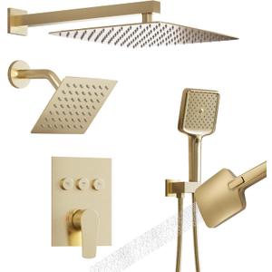 MONDAWE 12 Inch Wall Mounted Brushed Gold Shower System, 3-Function Shower Faucet Set with Rainfall Dual Shower Head and High Pressure 4-Setting Handheld, All Functions Can be Used At the Same Time