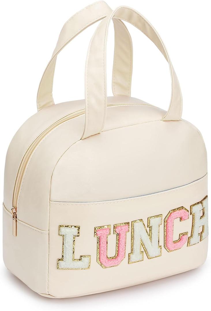 Lunch Bag for Women Insulated For Men PU leather Small Office Work lunch with Chenille Letters Leakproof Freezable Cooler Reusable Portable Box (White)