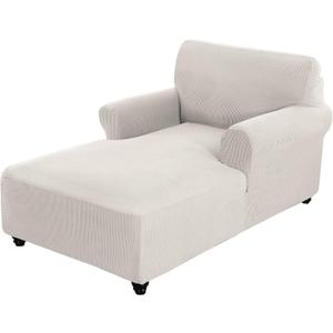 Fitted Chaise Lounge Couch Covers - Double Arm, Stretch Chair Slip Cover - Washable Furniture Protector (White, Small Checks)