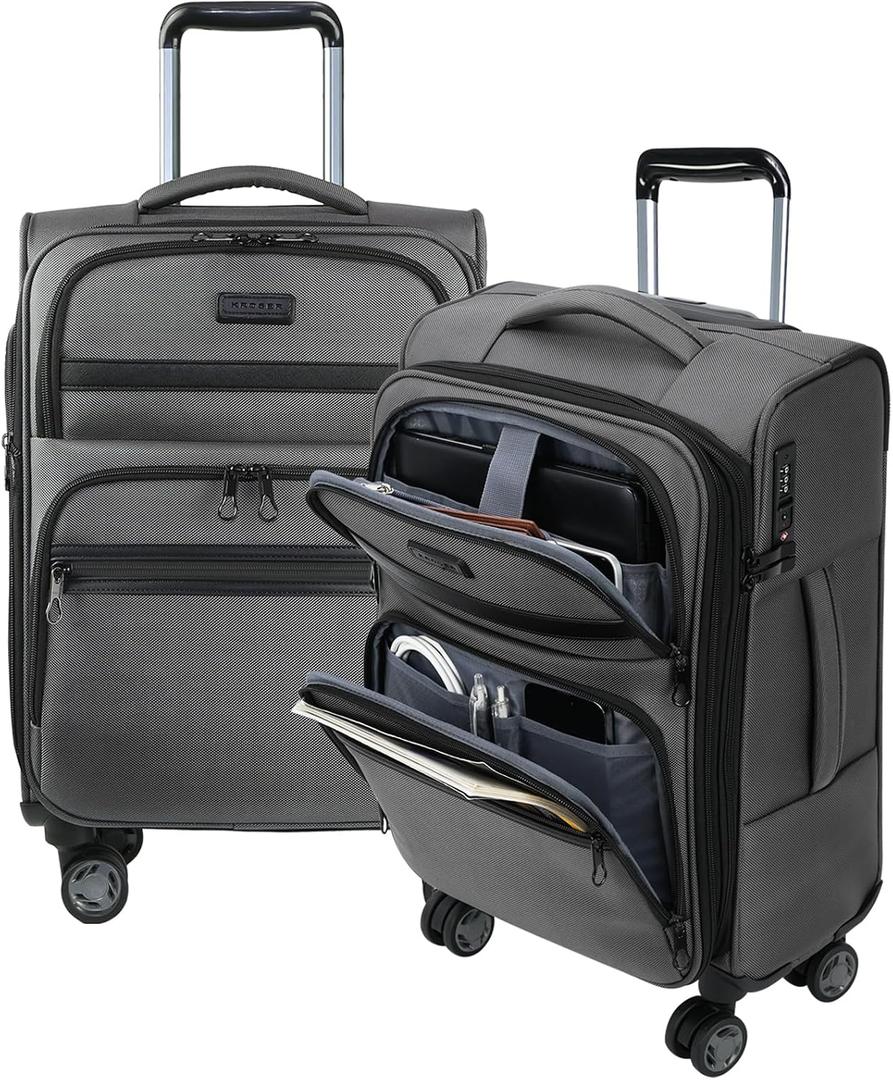 KROSER Softside Expandable Carry On Luggage with Front Business Pockets20 Inch Suitcases with Spinner Wheels & Built-in TSA Lock, Durable Suitcase Rolling Luggage with USB Port, Grey