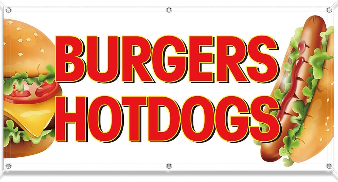 Tudomro 2x4 Feet Burgers & Hot Dogs Banners Polyester Fabric Sign Polyester Burgers Hot Dogs Concession Stand Banner with Two Metal Grommets Weatherproof Industrial Yard Signs