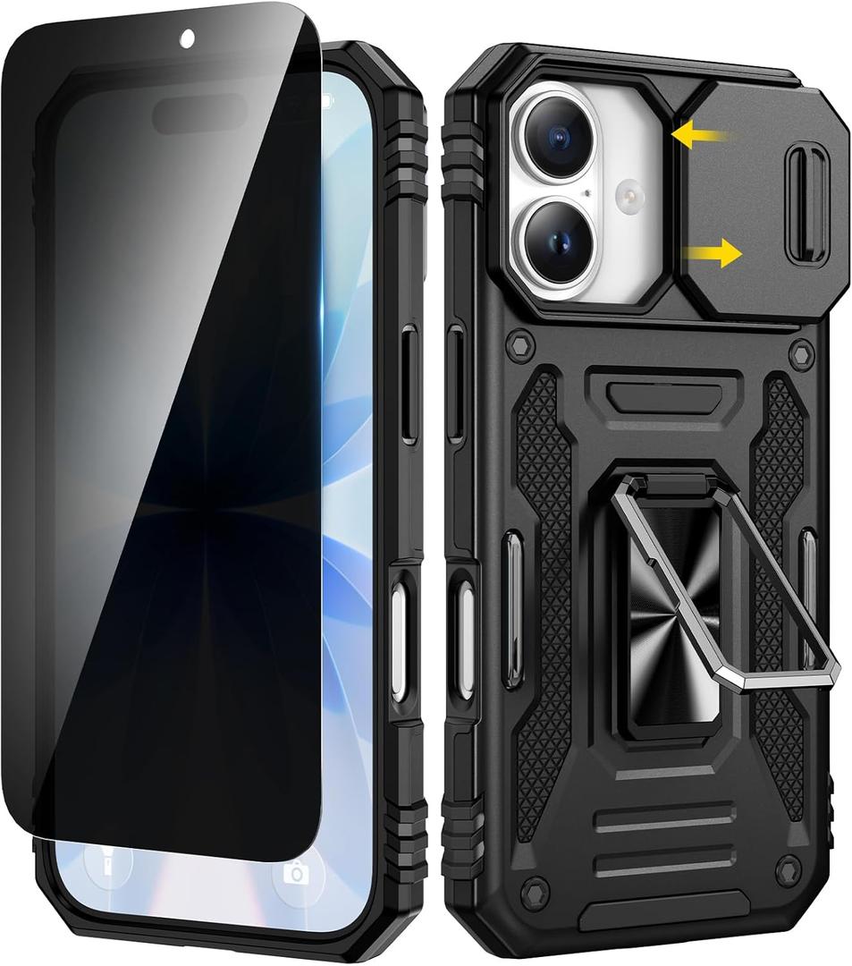 VEGO for iPhone 17 Case, with Slide Camera Cover & Privacy Tempered Glass Screen Protector & Ring Kickstand Military Grade Heavy Duty Protection Cover for iPhone 17 5G 6.3 Inch - Black