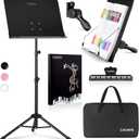 CAHAYA 5 in 1 Dual-use Sheet Music Stand & Desktop Book Stand Metal Portable Solid Back Height Adjustable from 31.4-57in with Book Stand Support, Carrying Bag, Sheet Music Folder and Clip (Black)