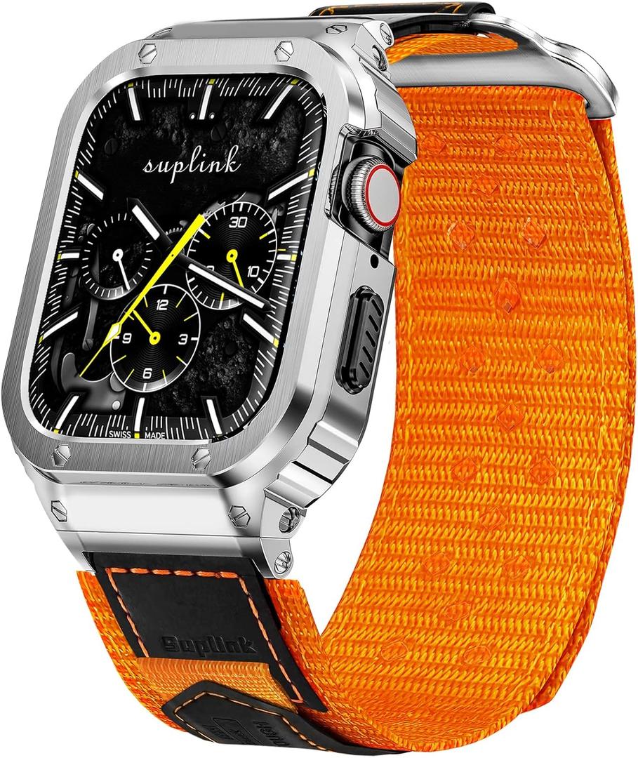 SUPLINK Stainless Steel Case&Nylon Band Compatible with Apple Watch Band 38mm 40mm 41mm 42mm 44mm 45mm 46mm 49mm,Rugged Metal Cover Adjustable Strap for iWatch Series 10 9 8 7 6 5 4 3 2 1 SE Ultra Men (Orange)