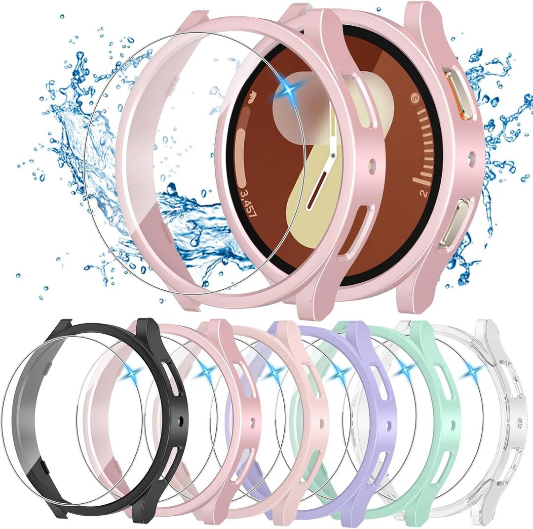 [6+6 Pack for Samsung Galaxy Watch 7 Screen Protector Case 40mm, Anti-Fog Tempered Glass & Hard PC Bumper Cover Set for Galaxy Watch7 40mm Accessories, Waterproof (Black/Clear/Ocean Green/Rose Gold/Pink/Purple)