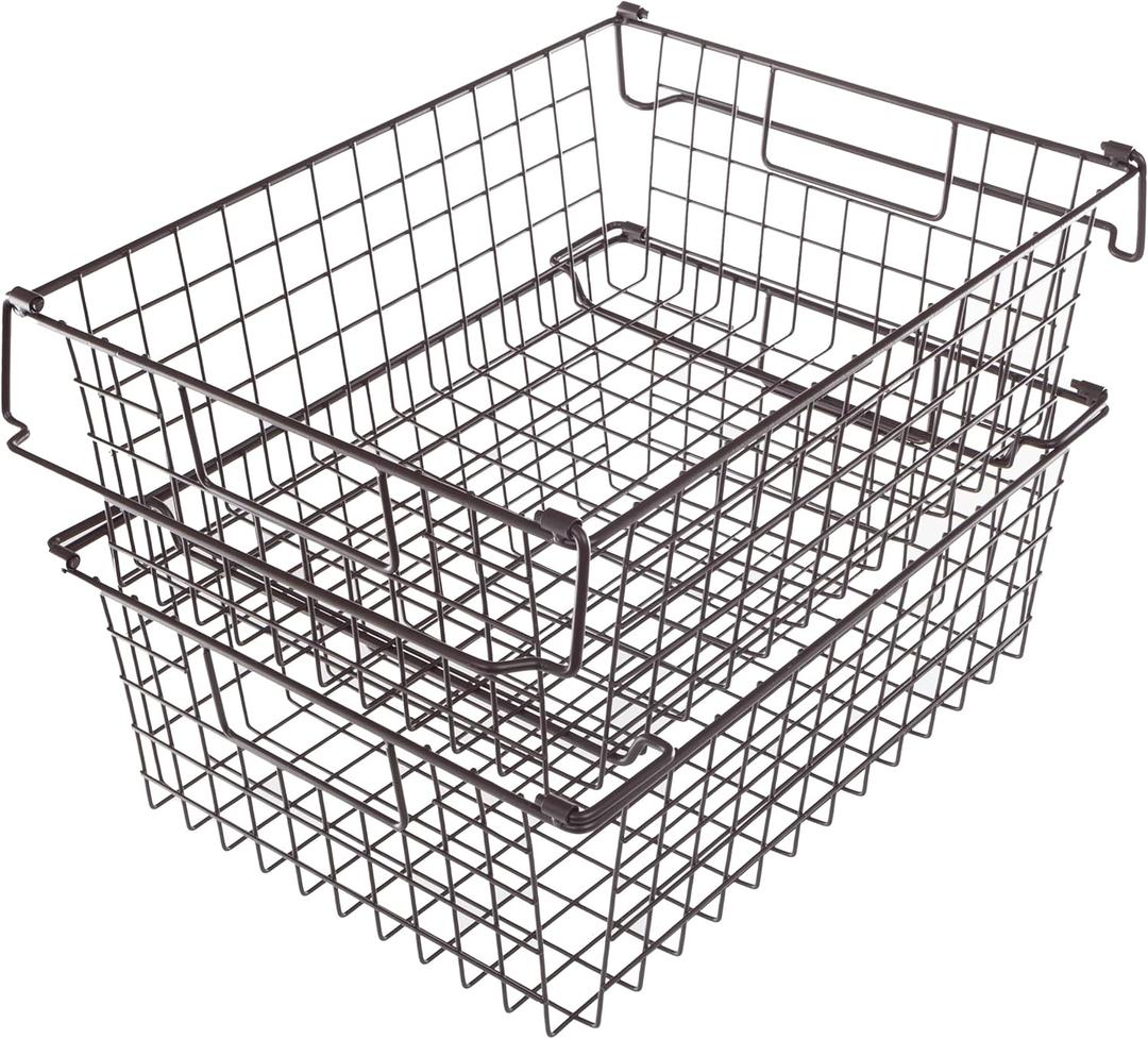 Home-Complete 2 pcs 16"x12" Large Stackable Wire Baskets, Organizer Stacking Storage Bins for Shelf, Pantry, Kitchen, Cabinets, can also be used in Chest Freezers (Brown)