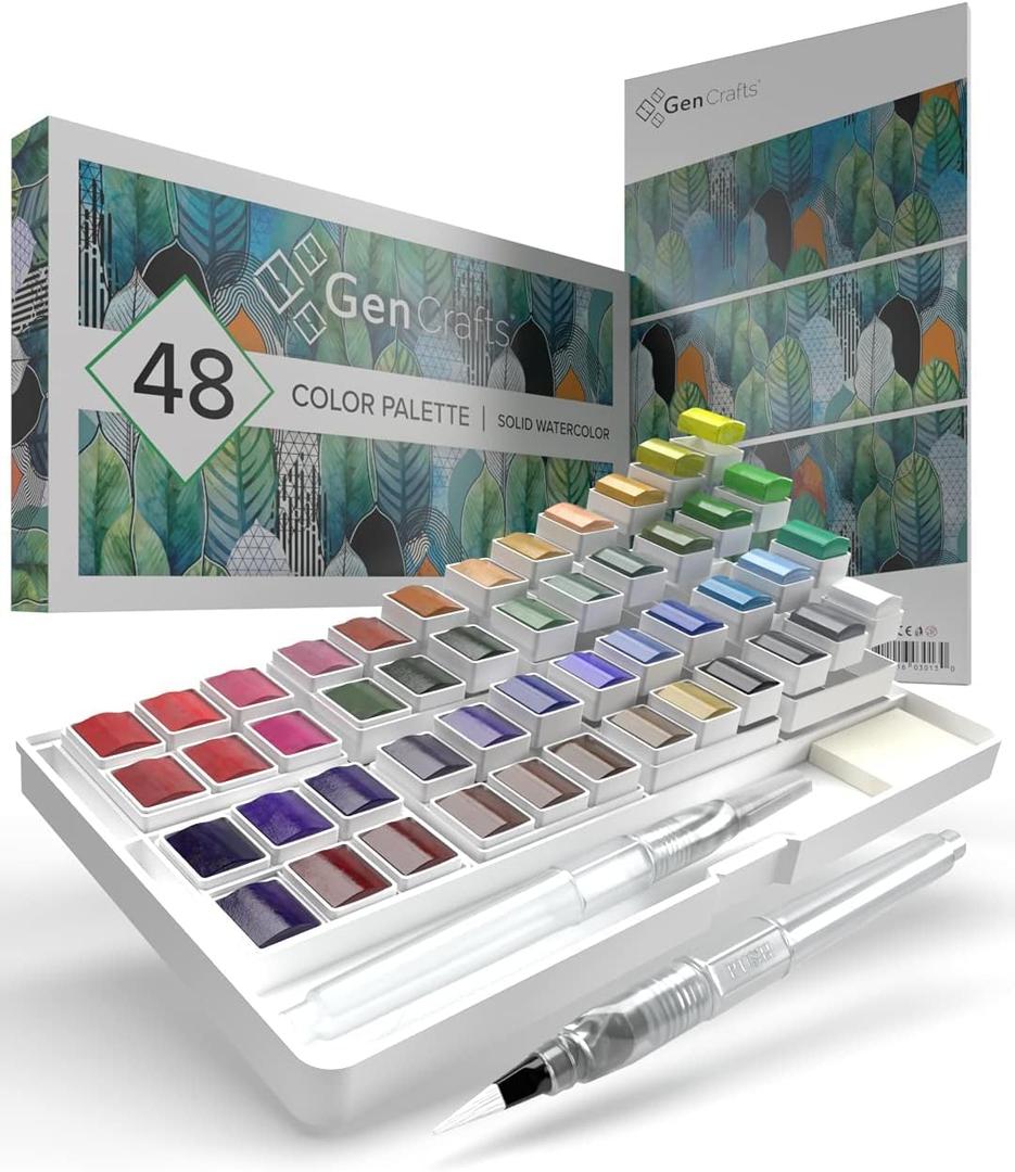 GenCrafts Watercolor Paint Palette 48 Premium Colors with Paper Pad - 2 Refillable Brush Pens - 15 Sheets of Water Color Paper