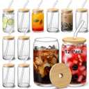 [ 12pcs Set ] Glass Cups with Bamboo Lids and Glass Straw - Beer Shaped Drinking Glasses, 16 oz Iced Coffee Glasses, Cute Tumbler Cup for Smoothie, Boba Tea, Whiskey, Water - 4 Cleaning Brushes