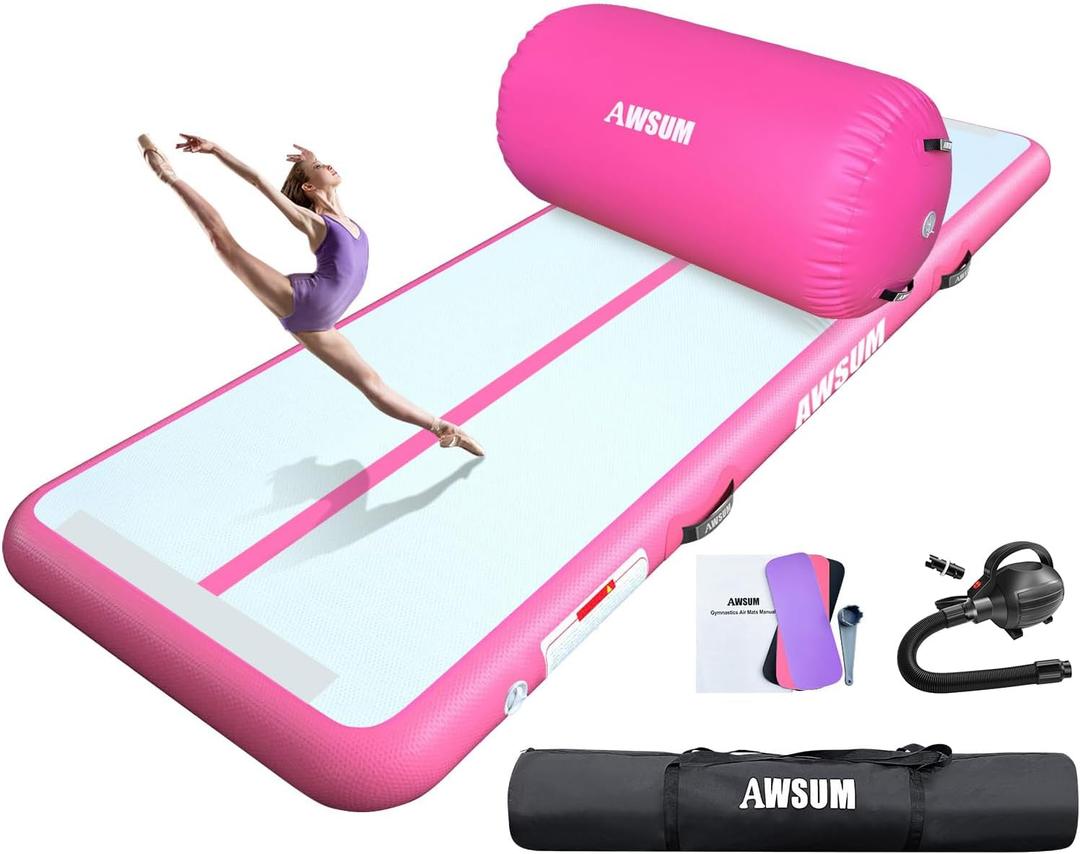 AWSUM Inflatable Air Gymnastics Mat 10ft/13ft/16ft/20ft/23ft Training mat 4/8 inches Thick tumbling mat with Electric Pump for Home/Gym/Outdoor (Pink+air roller)