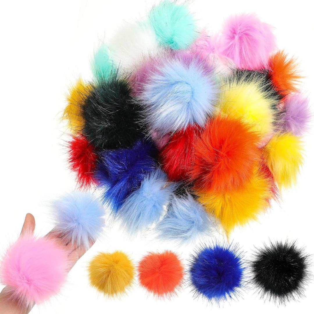 Halloscume 36 Small Faux Fur Pom Pom for Hat DIY Faux Fur Fluffy Pompom Balls, Includes 24 Pcs 2.4 in and 12 Pcs 3.9 in Pompoms for Hats Beanie Shoes Scarves Gloves Bags Accessories(Light Color) (rainbow)