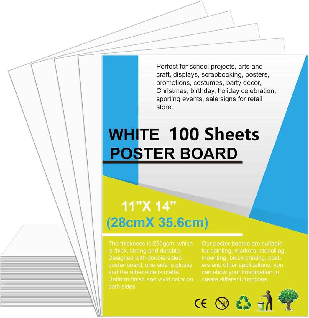 100 Pcs Poster Board White Poster Paper Bulk 11" x 14", ROOKEA 250Gsm Thickness Vision Boards Smart Poster Board for School Arts Craft Projects Presentations Drawing Scrapbooking Blank Graphic Display