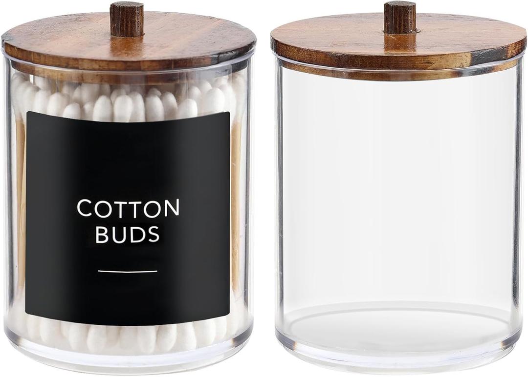 2 Pack Qtip Holder Dispenser with Wood Lids - 10 oz Clear Plastic Apothecary Jar Containers for Vanity Makeup Organizer Storage - Bathroom Accessories Set for Cotton Swab,Pads, Ball, Floss