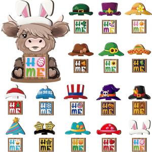 Menkxi Interchangeable Highland Cow Decor Seasonal Wooden Signs Farmhouse Book Stack Table Centerpiece with Holiday Tiered Tray Decor Gift for Party Kitchen Home Dining Table Decorations