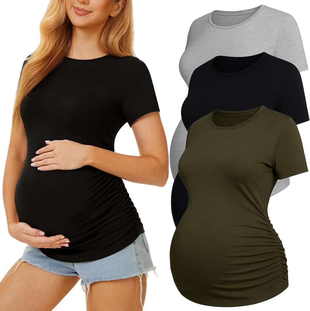 MIRAZEN 3 Pack Womens Maternity Shirts - Crew Neck Maternity Top Short Sleeve Pregnancy Tee Shirts, Black/Light Grey/Army Green, Small