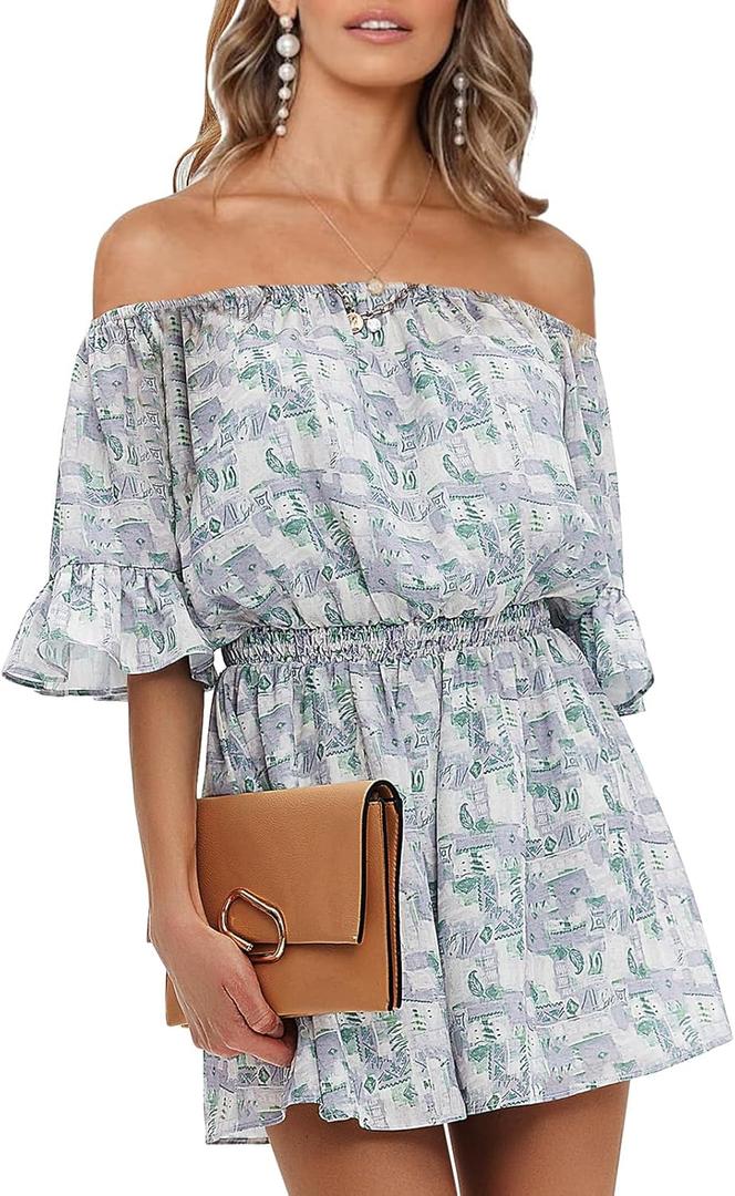 EXLURA Women's Summer Floral Romper Dress Off Shoulder Ruffle Elastic Wasit Wide Leg Shorts Jumpsuit Vacation Beach 2025 (XX-Large)