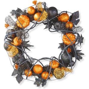 National Tree Company Artificial Halloween Wreath, Decorated with Multicolored Pumpkins, Gourds, Ball Ornaments, Ribbons, Vines, Assorted Leaves, Halloween Collection, 20 inches