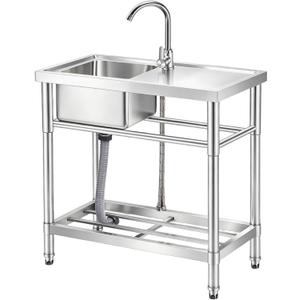 Garvee Stainless Steel Utility Sink, 30" Double Bowl Free Standing Sink with Faucet, Cold & Hot Water Pipe, Storage Shelf and Drain Kit, for Kitchen, Bathroom, Laundry, Garage, 30×16×30 inch