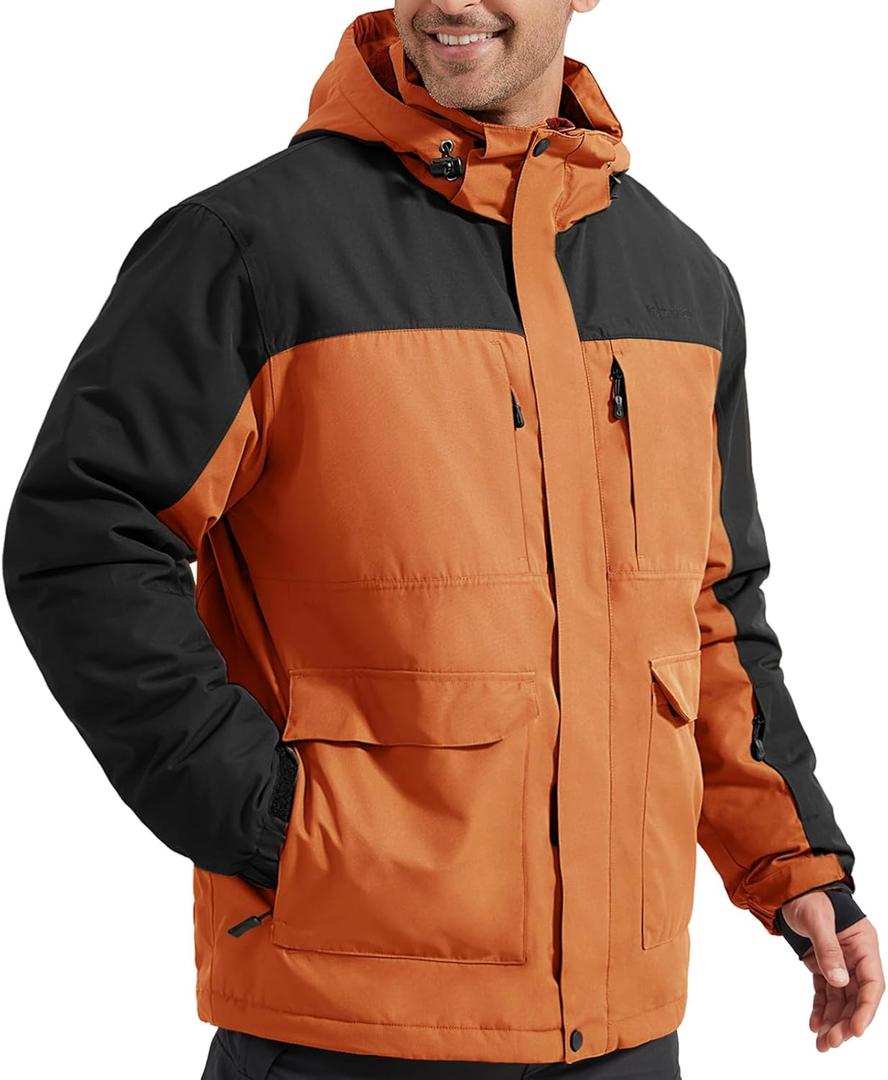 FREE SOLDIER Men's Waterproof Ski Jacket Fleece Lined Warm Winter Snow Coat with Hood Fully Taped Seams (Medium, Orange)