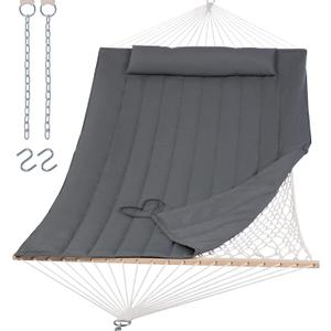 SUNCREAT Hammocks 2 Person Hammock with Hardwood Spreader Bar, Double Rope Hammock with Polyester Pad, Dark Gray
