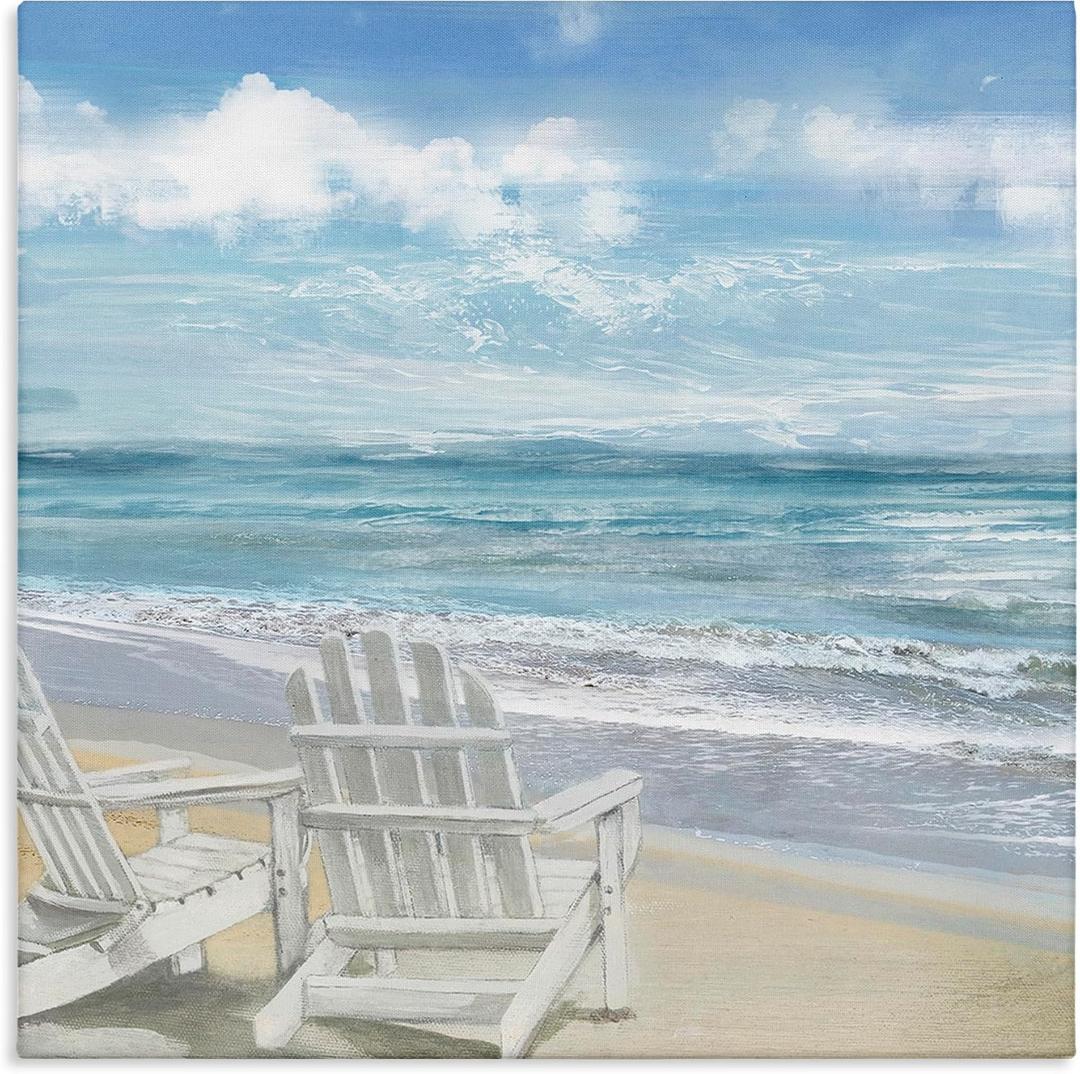 The Stupell Home Décor Collection White Adirondack Chairs on The Beach Painting Stretched Canvas Wall Art, 24 x 24, Multi-Color
