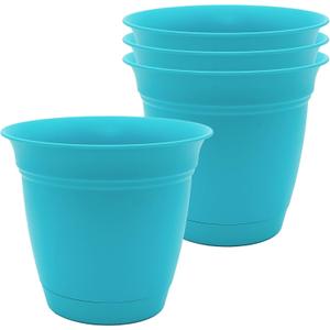 The HC Companies 8 Inch Eclipse Round Planter Pots with Drainage Holes & Attached Saucer, Lightweight UV-Resistant Plastic Indoor & Outdoor Planters, 4-Pack Flower Pots for Garden & Home Decor, Teal