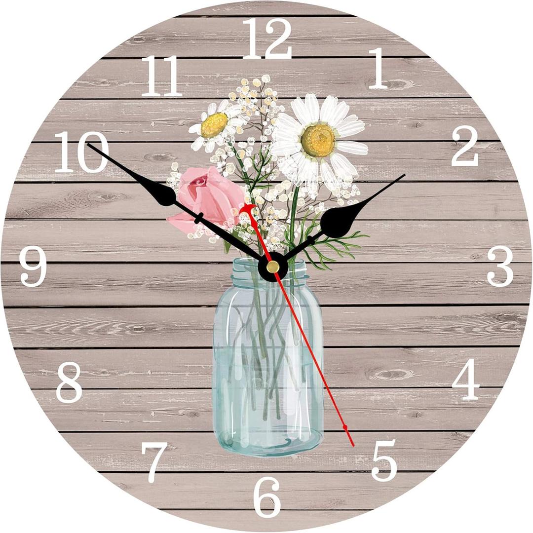 Kitchen Wall Clock 8 Inch Battery Operated Vintage Round Wooden Wall Clocks Classic Flowers in Glass Bottle Style Pattern Art Decor Silent Wall Clock for Home Office Decoration