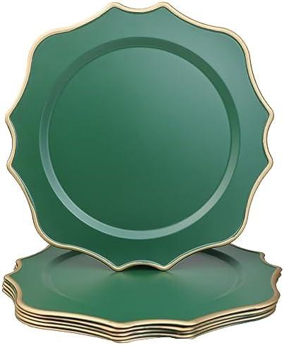 Omuriko Green Chargers for Dinner Plates, 13 Inch Scalloped Plastic Decorative Table Charger Service Plates Set of 6 for Wedding, Holiday, Thanksgivng, Christmas
