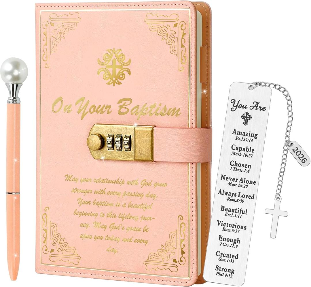 Baptism Gifts Diary with Lock & Keys for Girls, Journal with Lock, Pen & Religious Bookmarks, First Communion & Confirmation Gift for Teen Girls, Graduation & Birthday Presents, Religious Easter Gifts