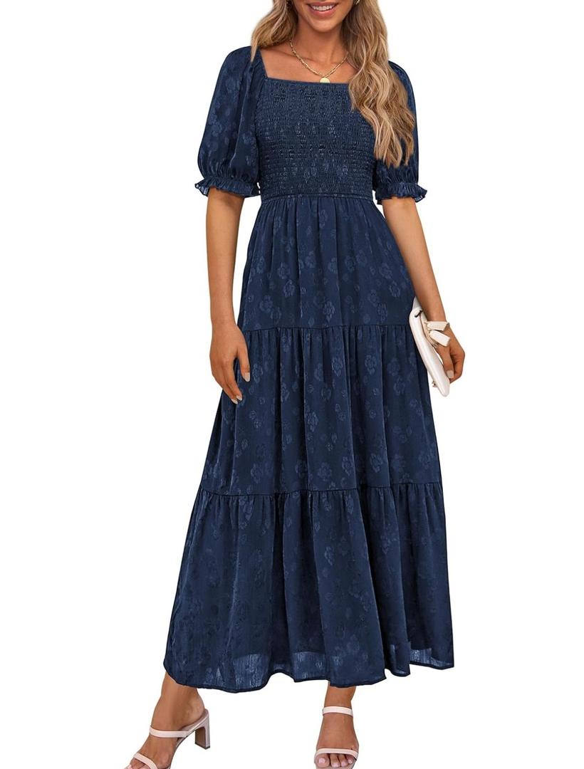 PRETTYGARDEN Women's 2026 Summer Casual Midi Dresses Square Neck Short Sleeve Smocked A Line Floral Flowy Elegant Boho Dress S