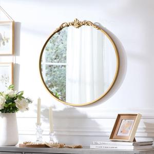 Vintage Round Wall Mirror, 19 Inch Gold Frame, Baroque Arched Decorative Vanity Mirror for Bathroom, Bedroom, Hallway (Antique Gold, 19x18)