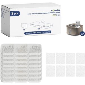 PawsPik Replacement Filters for PawsPik BOSS-01 Wireless Stainless Steel Battery Operated Water Fountain, 8 Pack Filter & Sponges Set for 4 months of Replacement, 5 Layer Filtration