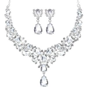 Hicarer Bridal Teardrop Cluster Crystal Jewelry Set for Women Necklace Earrings Wedding (Silver)
