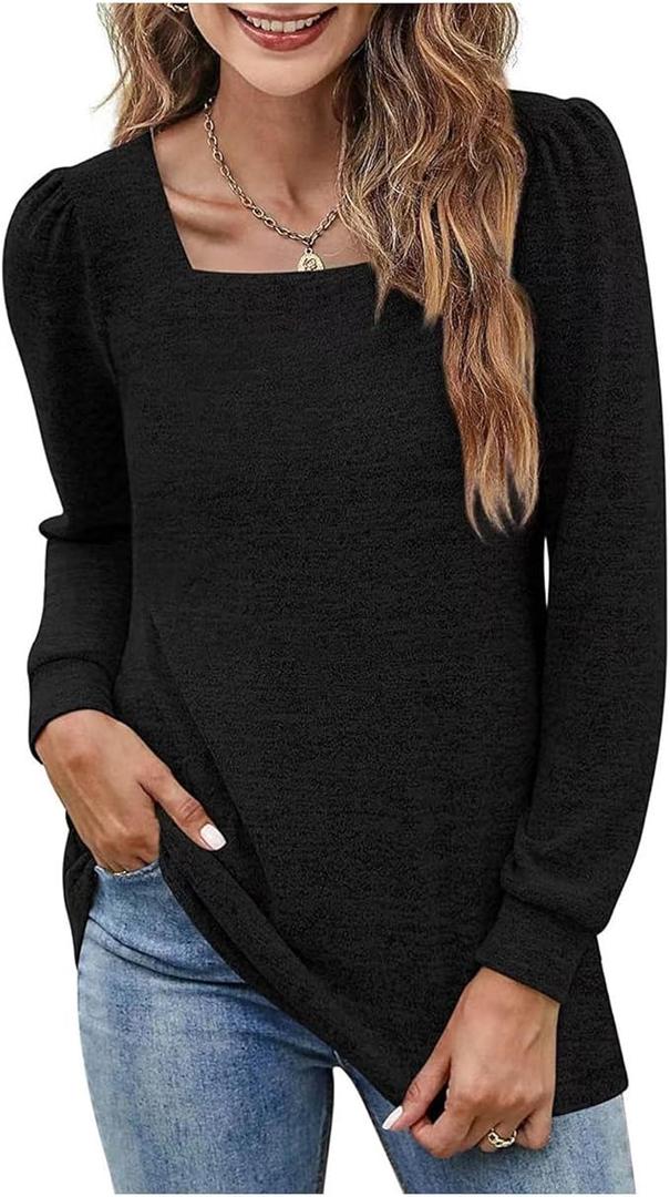 Womens Square Collar Long Sleeve Tshirts Pleated Lightweight Casual Loose Solid Comfy Pullover Top, M, Black