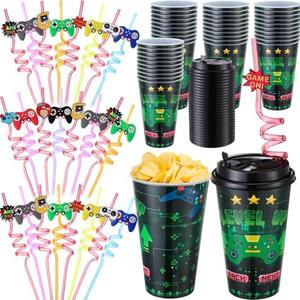 Maxcheck 24 Sets 16 oz Game Controller Cups Birthday Party Favors with Colorful Lids and Straws for Birthday Decorations Rainbow Plastic Cups Reusable Plastic Straws for Party