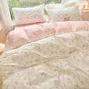 Nayoroom Pink Floral Duvet Cover Queen Size Green Botanical Leaf Printed on White Reversible Coquette Bedding Set 3 Pcs Soft Microfiber Spring Cottagecore Comforter Cover with Zipper Closure