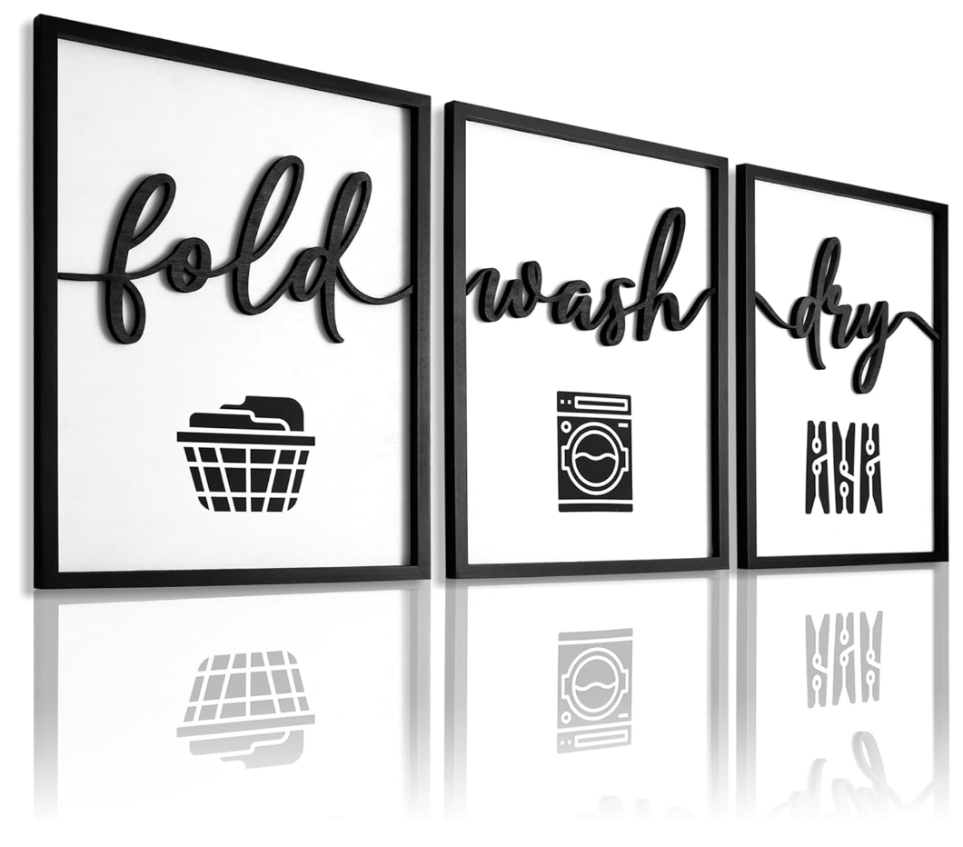 3D Wood Laundry Room Wall Decor, 36" x 16" Framed Laundry Room Wall Art, 3D Laundry Signs for Room Decor (Ready to Hang, Set of 3, Framed)