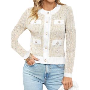 Langwyqu Womens Long Sleeve Button Down Cardigan Sweaters Cropped Open Front Tweed Jacket Fall Elegant Knit Tops (Large, Apricot)