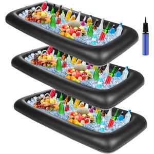 Leitee 3 Pcs Inflatable Serving Bar 52 x 24 x 5'' Ice Buffet Serving Tray Drink Cooler with Drain Plug Inflatable Pool Bar for Party Food Drink Holders with a Hand Pump(Black)