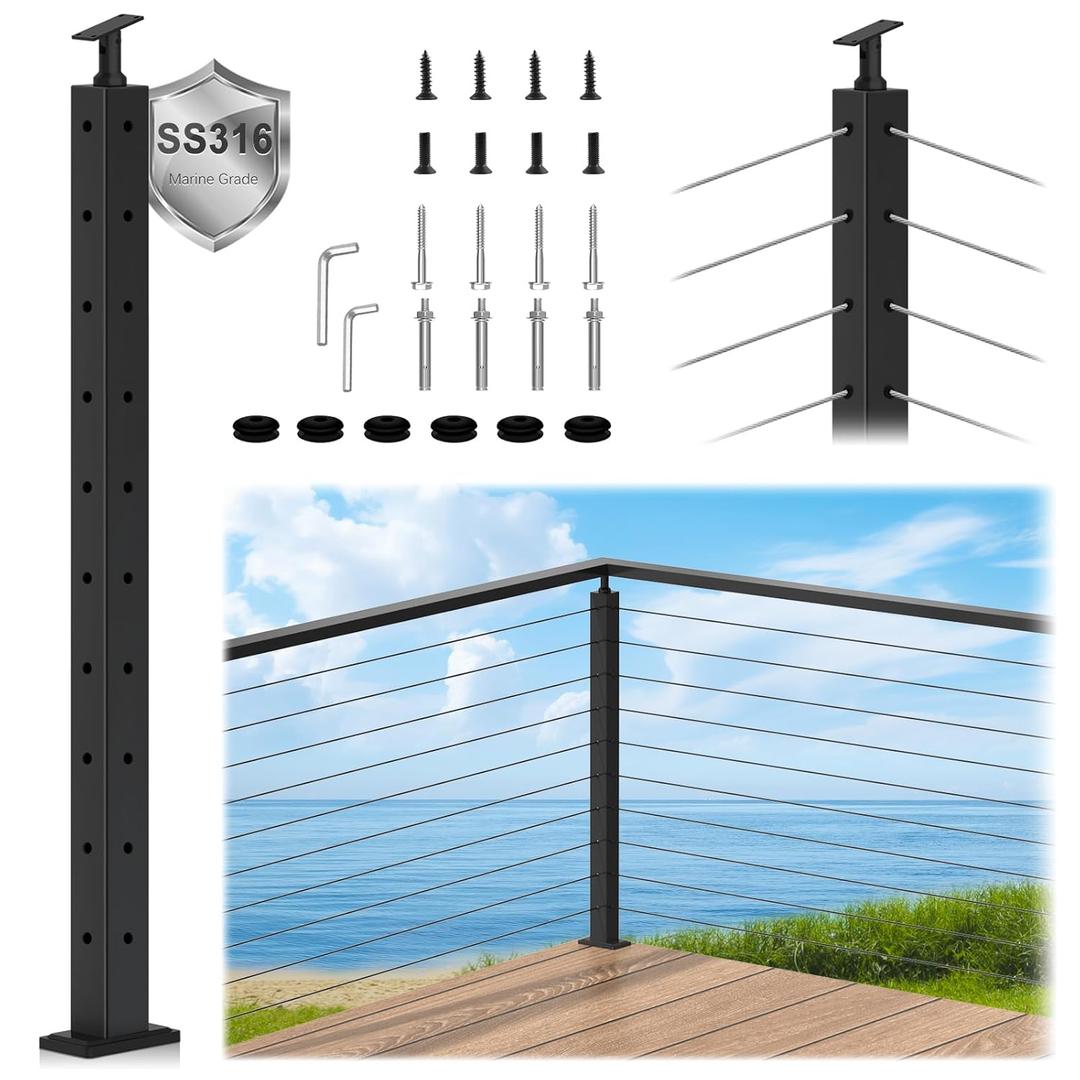 SS316 Cable Railing Corner Post 36" (Post 35"x2"x2") for Coastal Lake, 90Drilled Railing Post with Cable Grommets, Adjustable Top Stainless Steel Black Finish L-drilled Deck Staircase Post