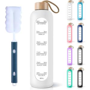PROBTTL 25 oz Glass Water Bottles - Time Marker Motivational Borosilicate Glass Water Bottle With Silicone Sleeve and Bamboo Lid, Leak Proof, Reusable, BPA Free (White)