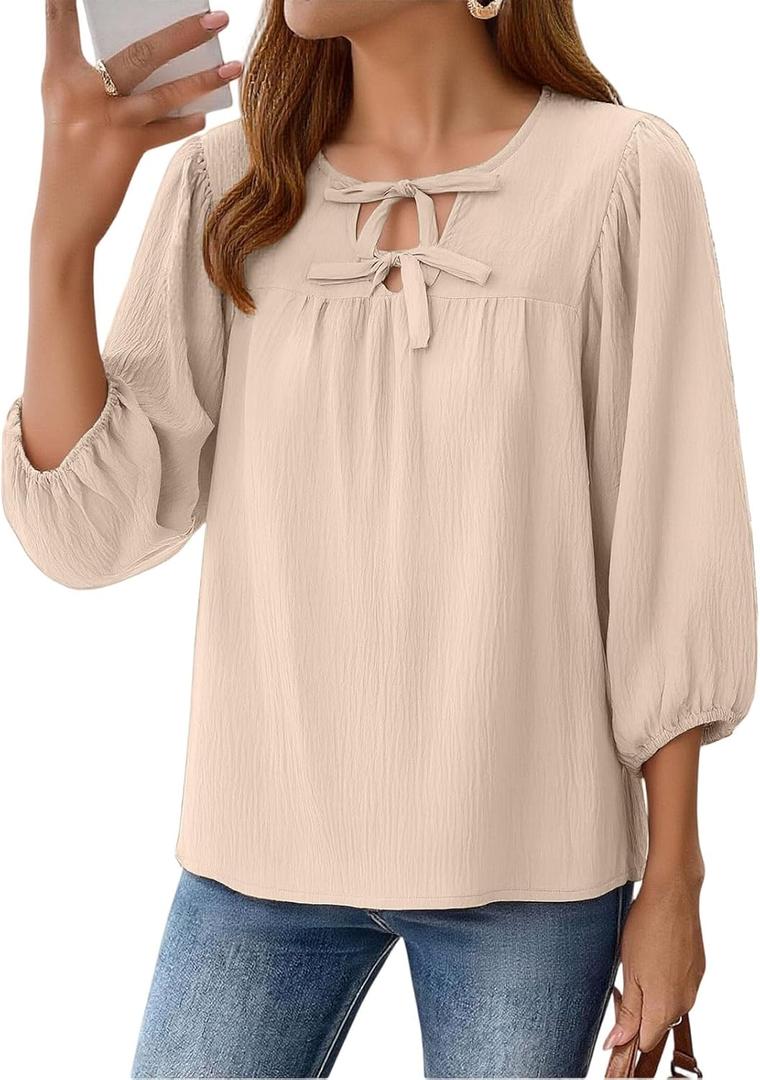 Womens Tops 3/4 Puff Sleeve Bow Tie Front Spring Easter Shirts Dressy Casual Elegant Flowy Loose Babydoll Blouses