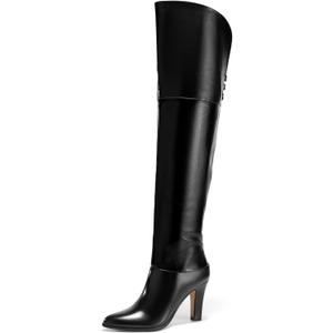 Coutgo Womens Thigh High Boots Pointed Toe Chunky Heel Wide Calf Over the Knee Boots Winter Shoes (Black)