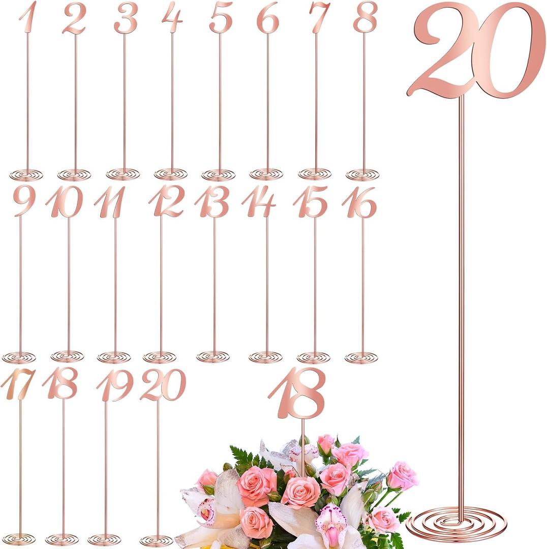 Therwen 20 Pcs Metal Table Numbers 1-20 Table Numbers for Wedding Reception 12 Inch Stainless Steel Party Desk Figure with Sturdy Holder Base for Banquet Wedding Party Event Catering(Rose Gold)